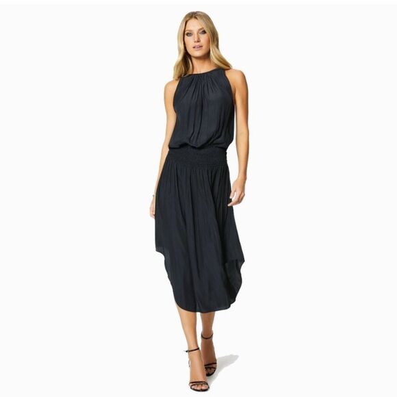 NWT Ramy Brook Audrey Sleeveless Halter Drop Waist Midi Dress Black size Large - Picture 1 of 12